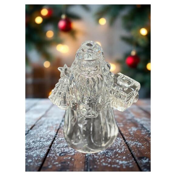 Vintage Clear Heavy Glass Santa Taper Candle Holder Christmas Holiday Decoration - Picture 13 of 15